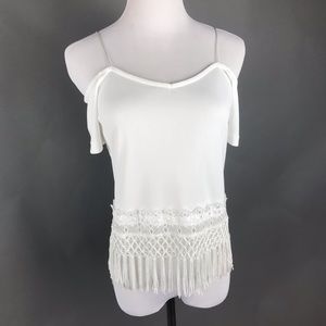 Topshop white, tasseled, & off-shoulder crop top